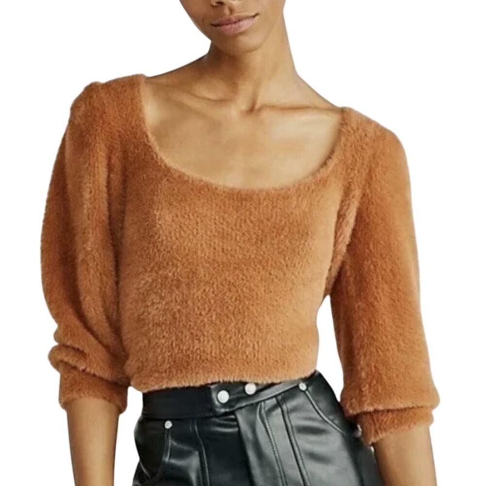 Free People S Moonbeam Pullover Sweater Top Fuzzy Cropped Chocolate Brown
